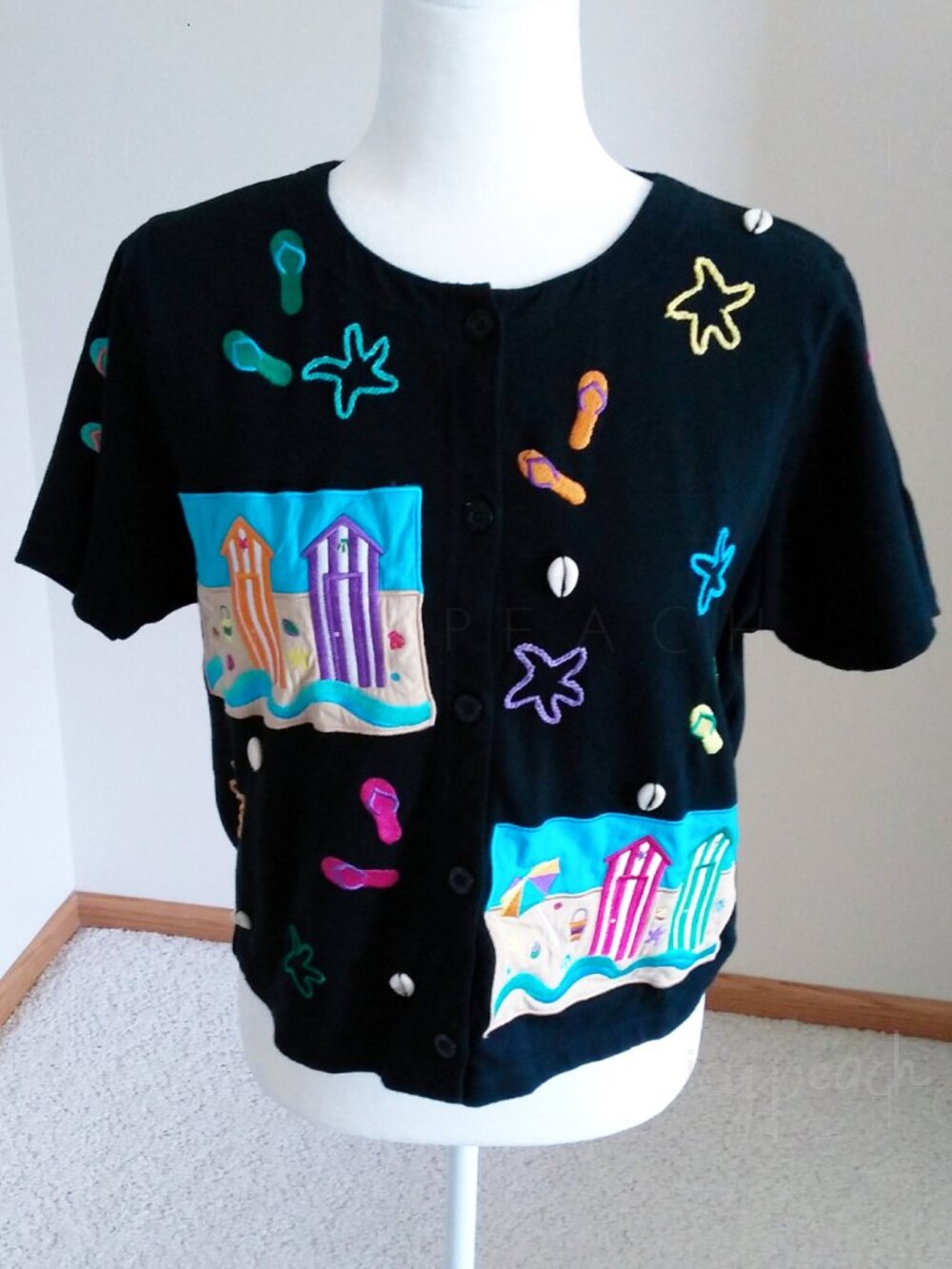 Michael Simon Lite Top Medium Black Vintage Mixed Media Coastal Grandma Beach